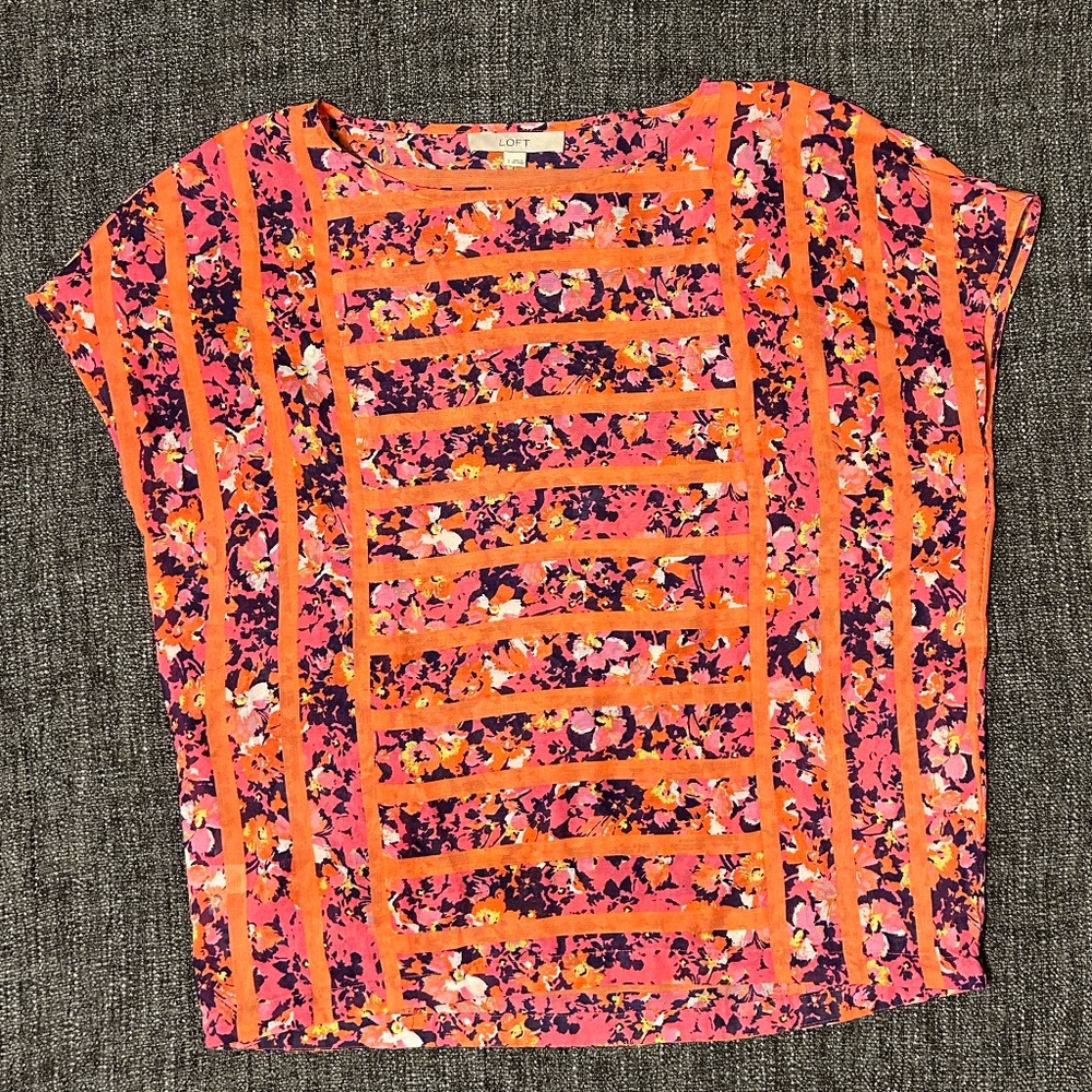 Womens Loft Short Sleeve Flower Print Sheer Blouse